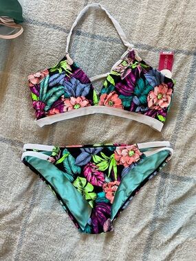 Xhilaration Tropical Floral Bikini in Black, Pink, Green, Purple, Blue